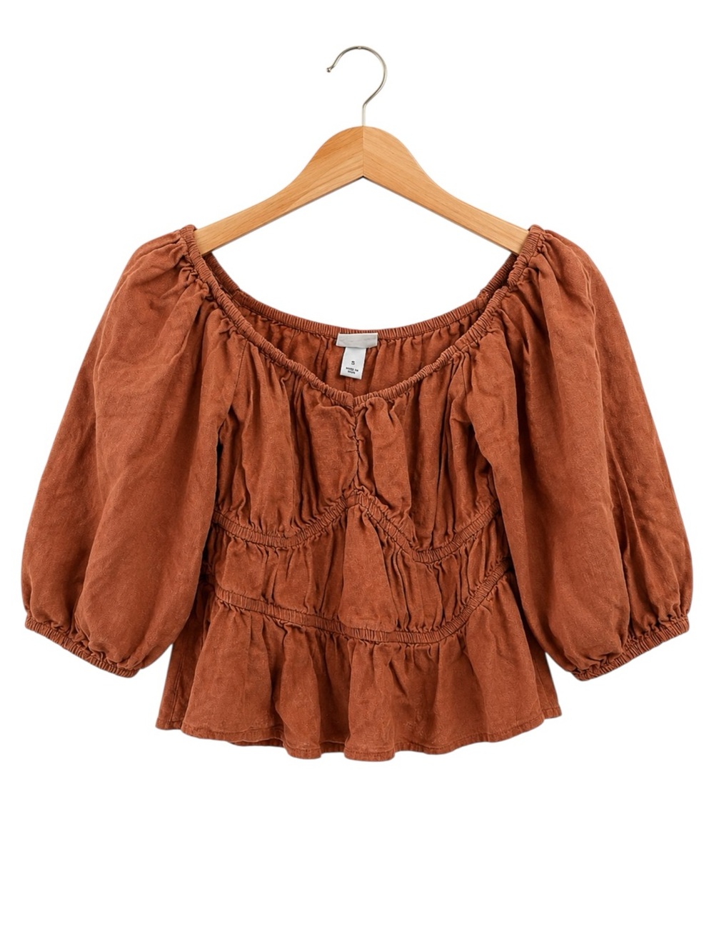 Milkmaid Rust Orange Linen Blend Peasant Crop Top Puff Sleeve Cottagecore Size S - Picture 2 of 8